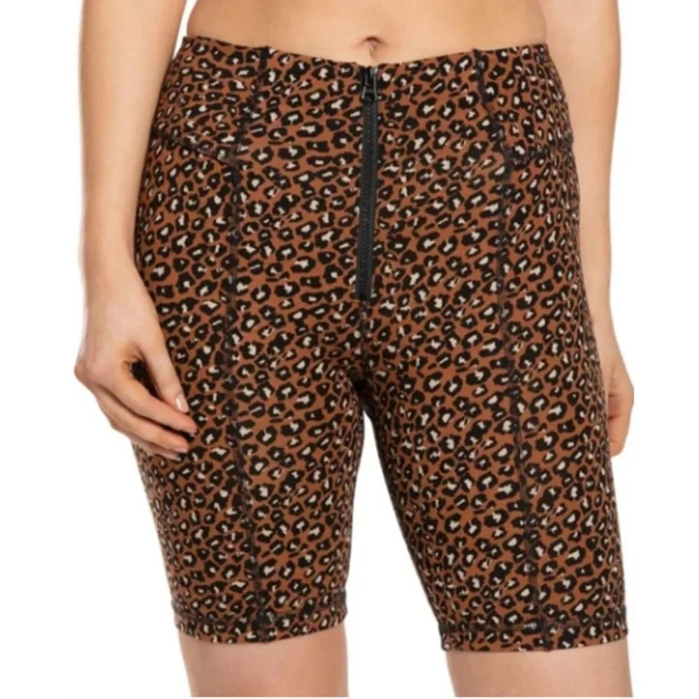 Free People Orange Black Leopard Print Zip Front‎ Biker Shorts